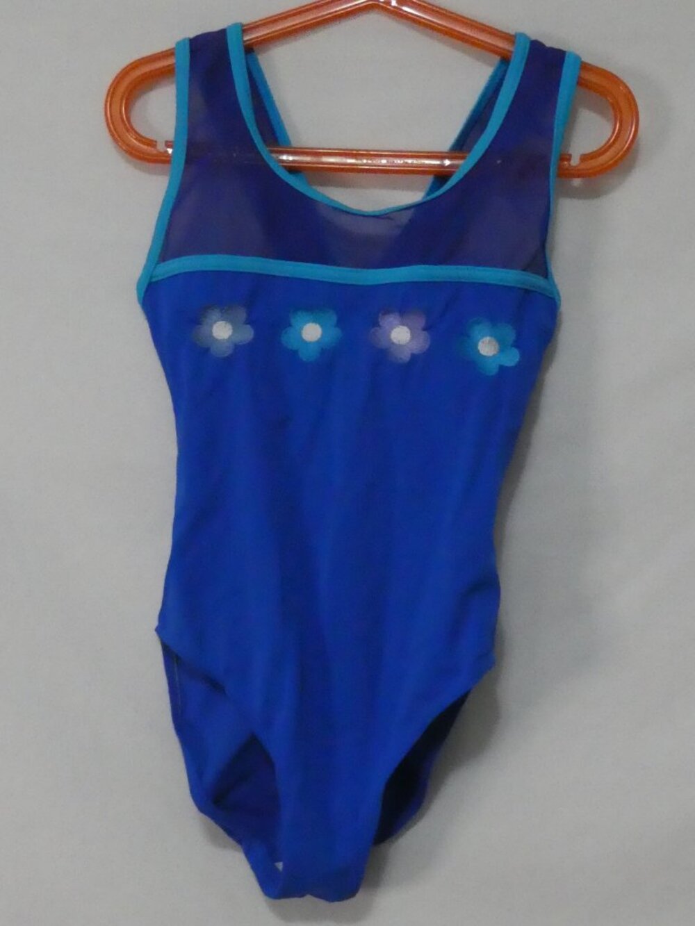 COZUMEL Blue Gymnastics Leotard Mesh Flower Embroidery - size 10 girl's